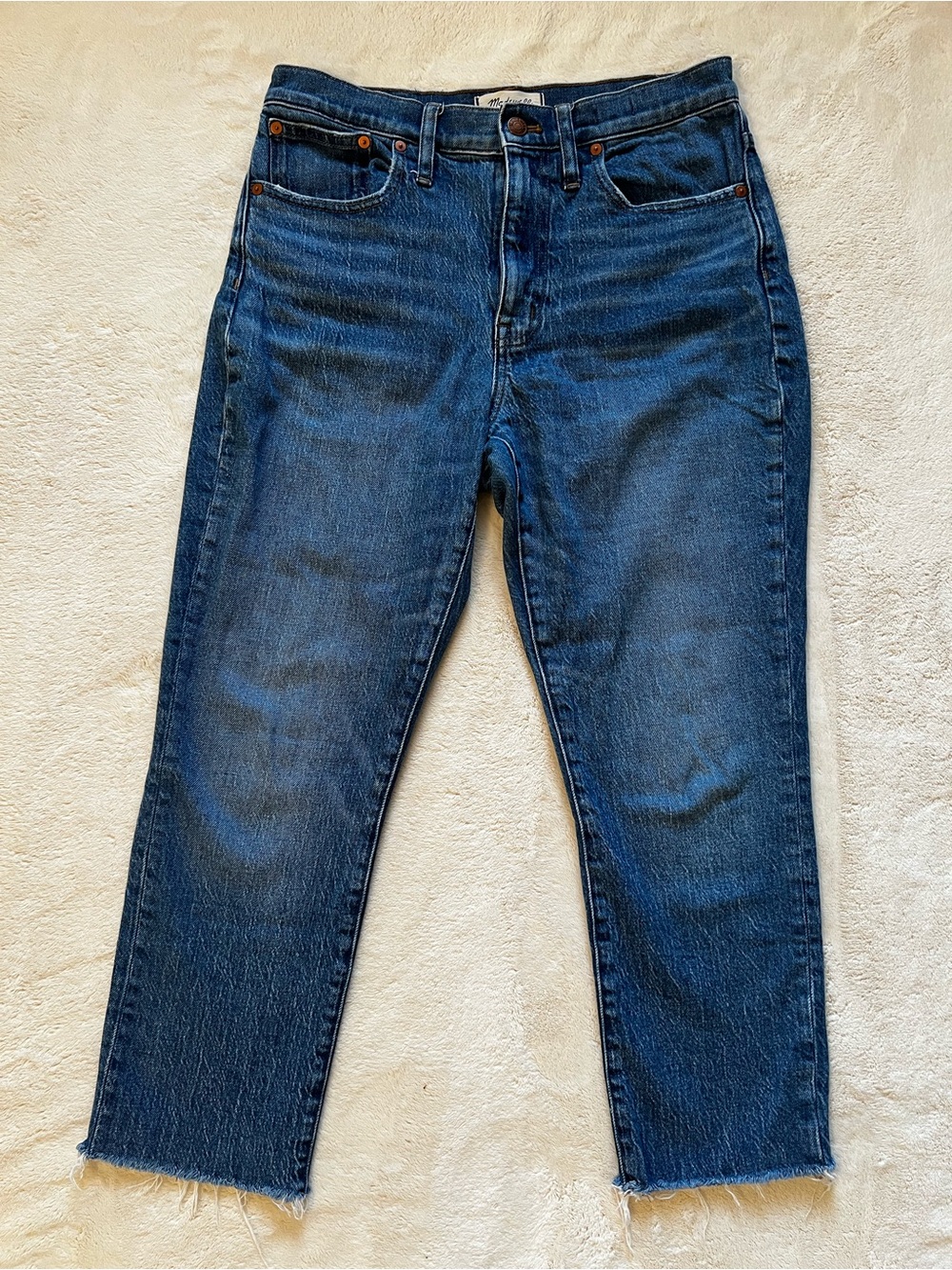 Madewell High-Rise Slim Boyjean Jeans 27P Petite Raw Hem Blue Denim